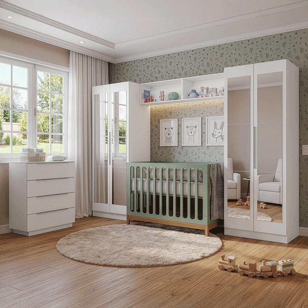 Quarto Infantil com 2 Guarda-Roupas Neo com Espelhos 2 Aéreos 1 Cômoda Branco Madesa 04 - Madesa