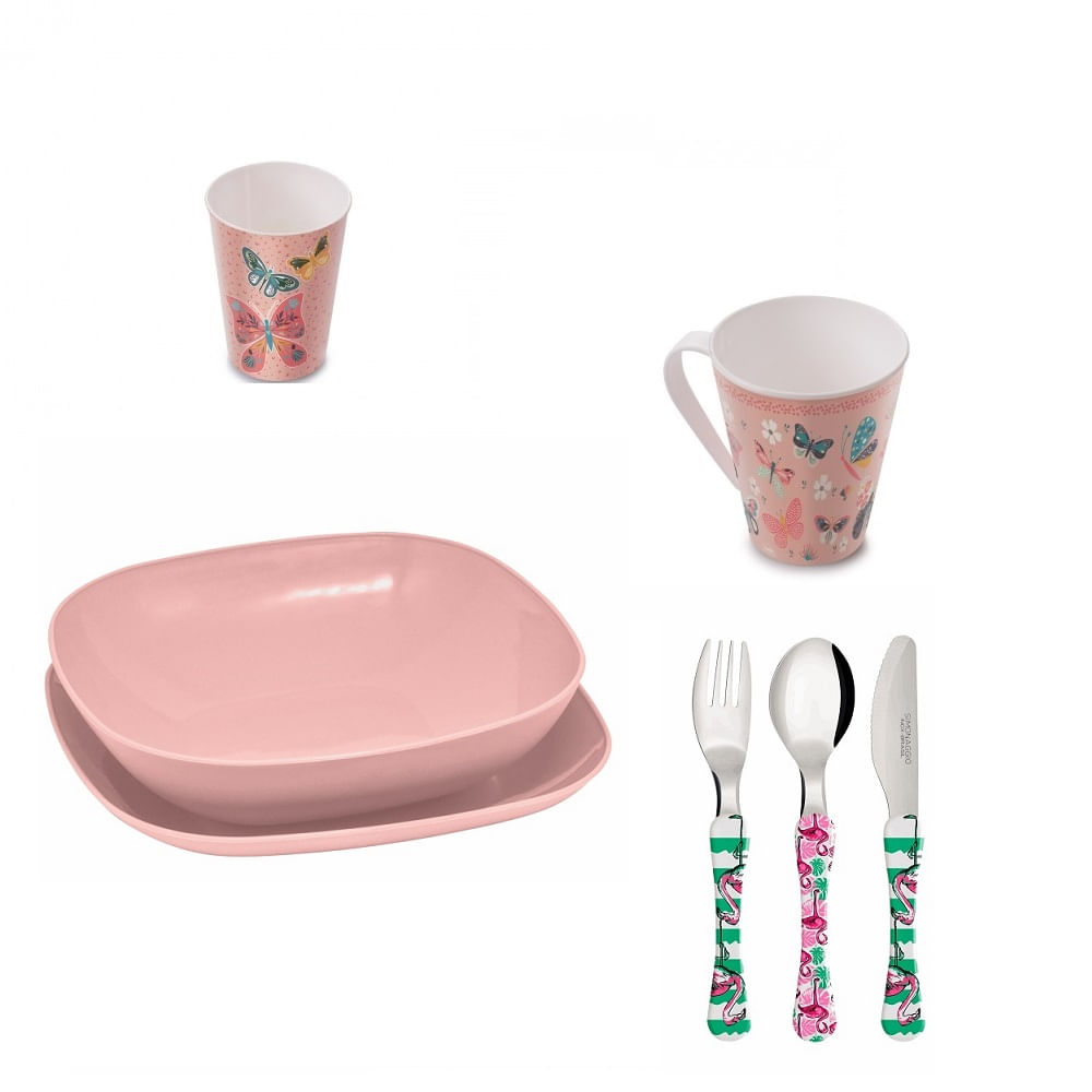 Conjunto pratos, Copo, caneca infantil Flamingo - Borboleta