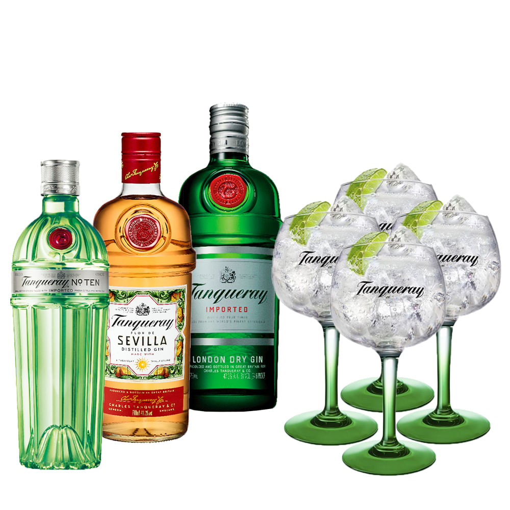 Combo Tanqueray Ten (750 mL) + Sevilla (700 mL) + London Dry (750 mL) + 4 Taças