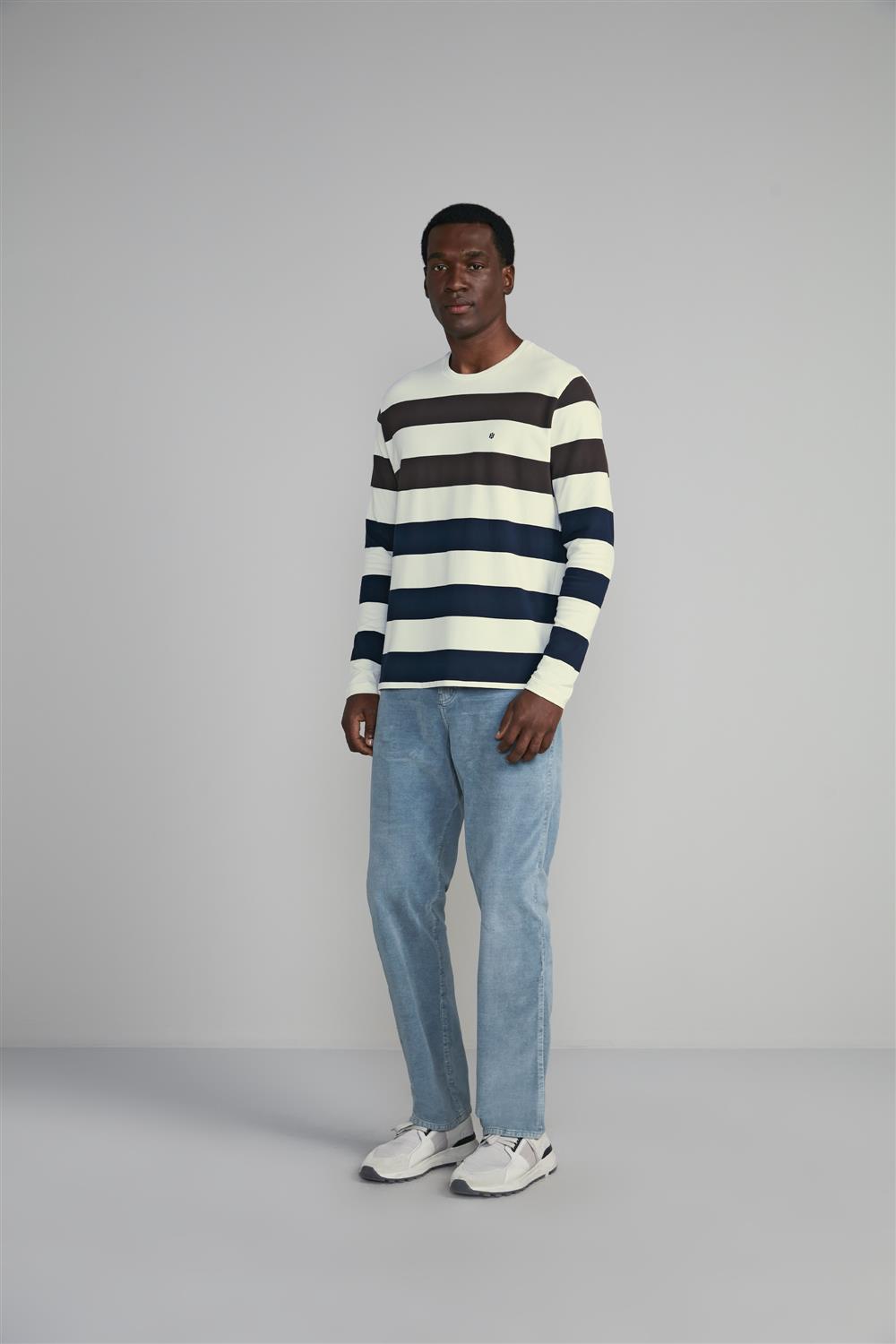 Camiseta Manga Longa Piquet Comfort - Bege Creme / Azul Marinho - Highstil